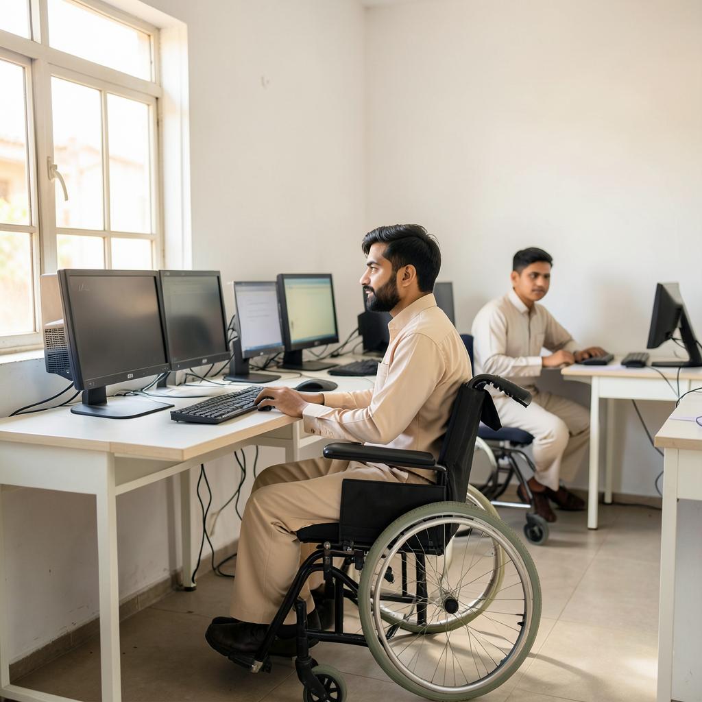 A trainee in a wheelchair learning computer skills with an instructor at ACD
